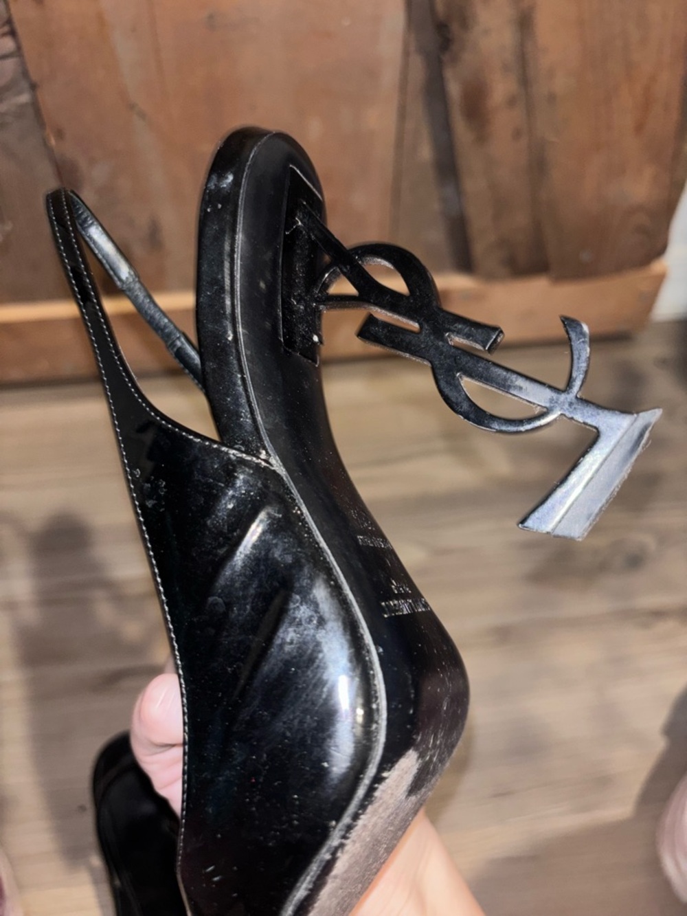 Saint Laurent Black Patent YSL Logo Heel Slingbacks 37.5 - Picture 10 of 10